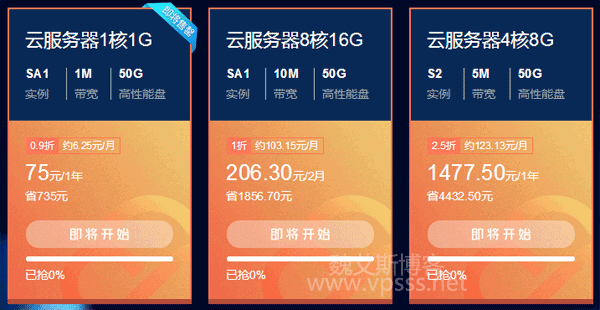 腾讯云双11秒杀服务器 1M带宽1核1G 50G高性能盘 75元/1年 5M带宽4核8G 年付1477.50元